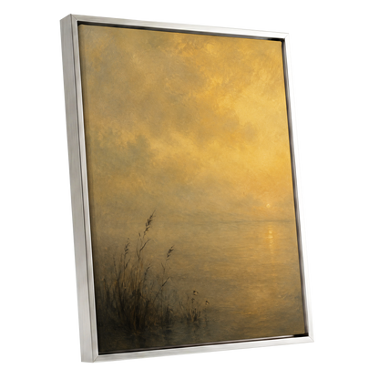 Gilded Waters, gold, yellow, brown nature wall art shown as a silver framed canvas wall art