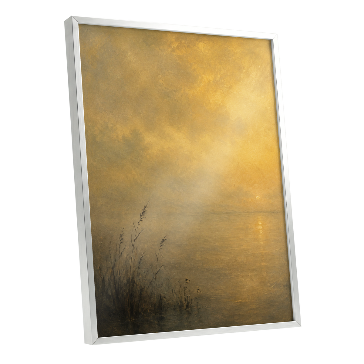 Gilded Waters, gold, yellow, brown nature wall art shown as a silver framed poster wall art print