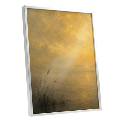 Gilded Waters, gold, yellow, brown nature wall art shown as a silver framed poster wall art print
