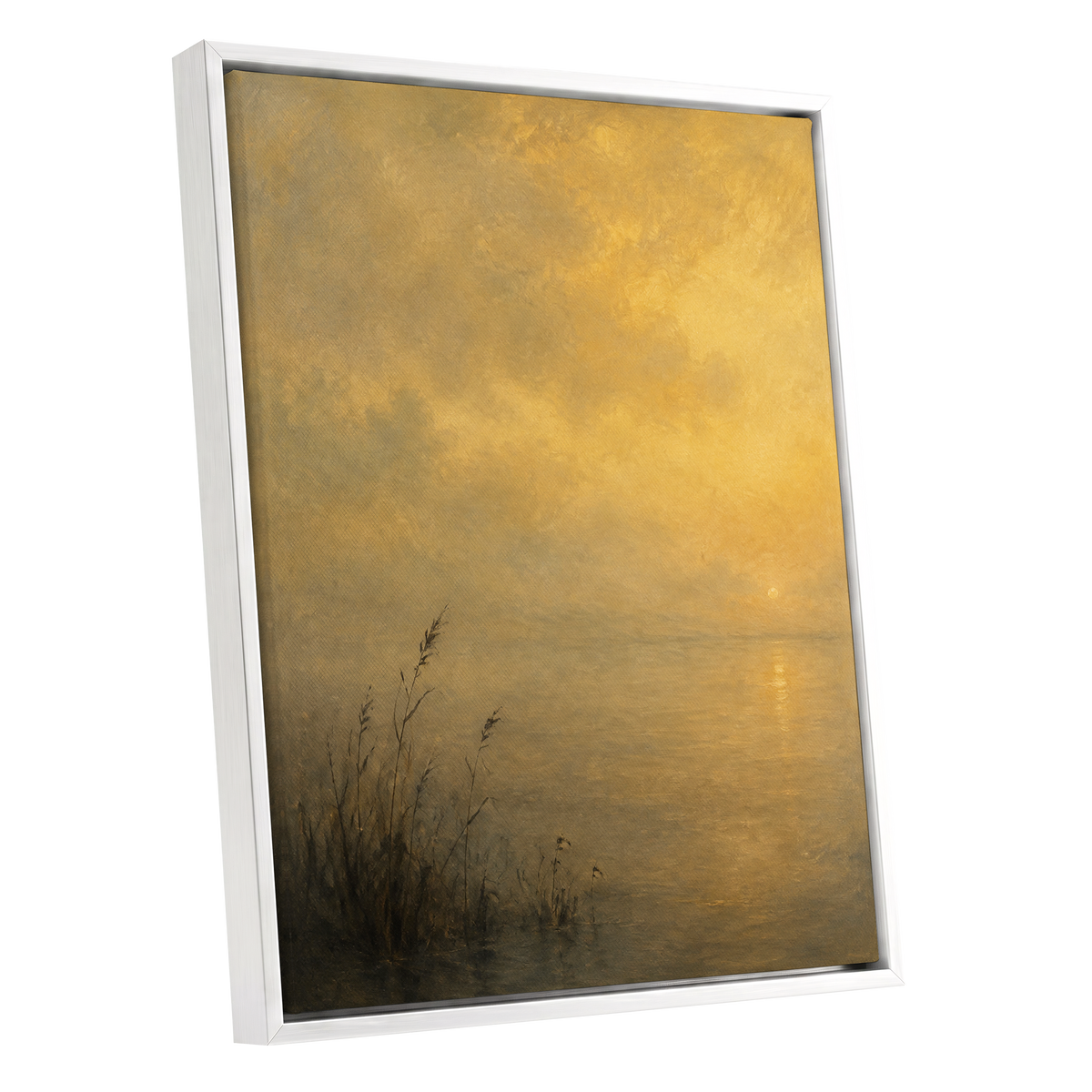 Gilded Waters, gold, yellow, brown nature wall art shown as a white framed canvas wall art
