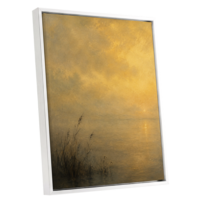 Gilded Waters, gold, yellow, brown nature wall art shown as a white framed canvas wall art