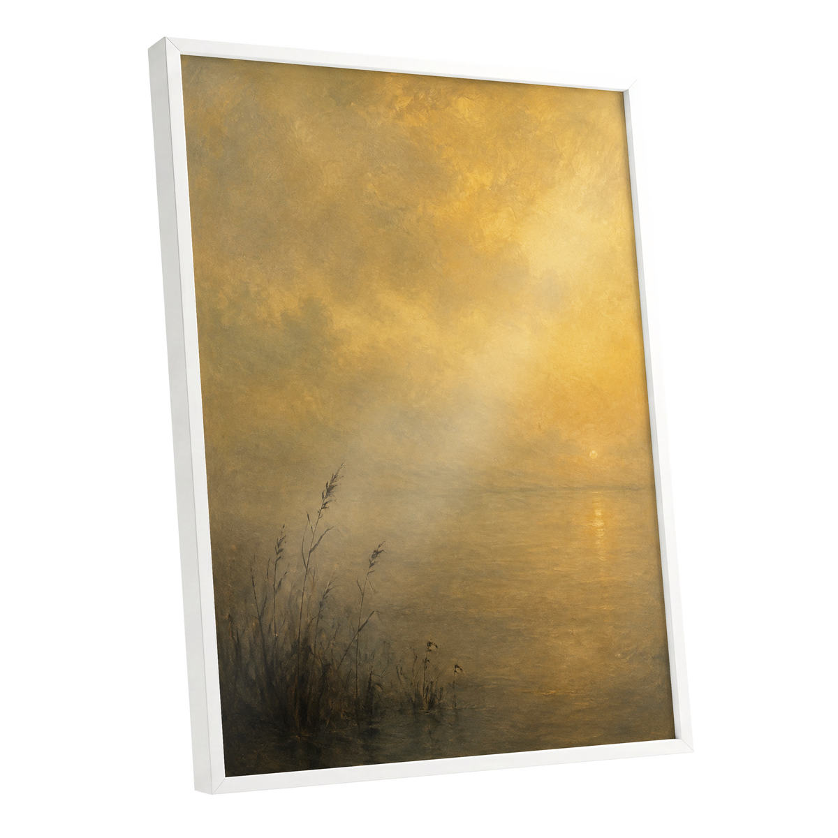Gilded Waters, gold, yellow, brown nature wall art shown as a white framed poster wall art print