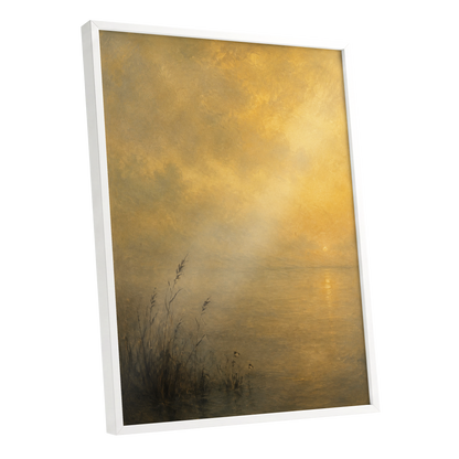 Gilded Waters, gold, yellow, brown nature wall art shown as a white framed poster wall art print