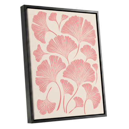 Ginkgo Blush, pink, beige, red nature wall art shown as a black framed canvas wall art