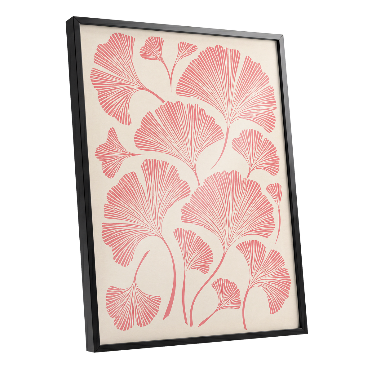 Ginkgo Blush, pink, beige, red nature wall art shown as a black framed poster wall art print