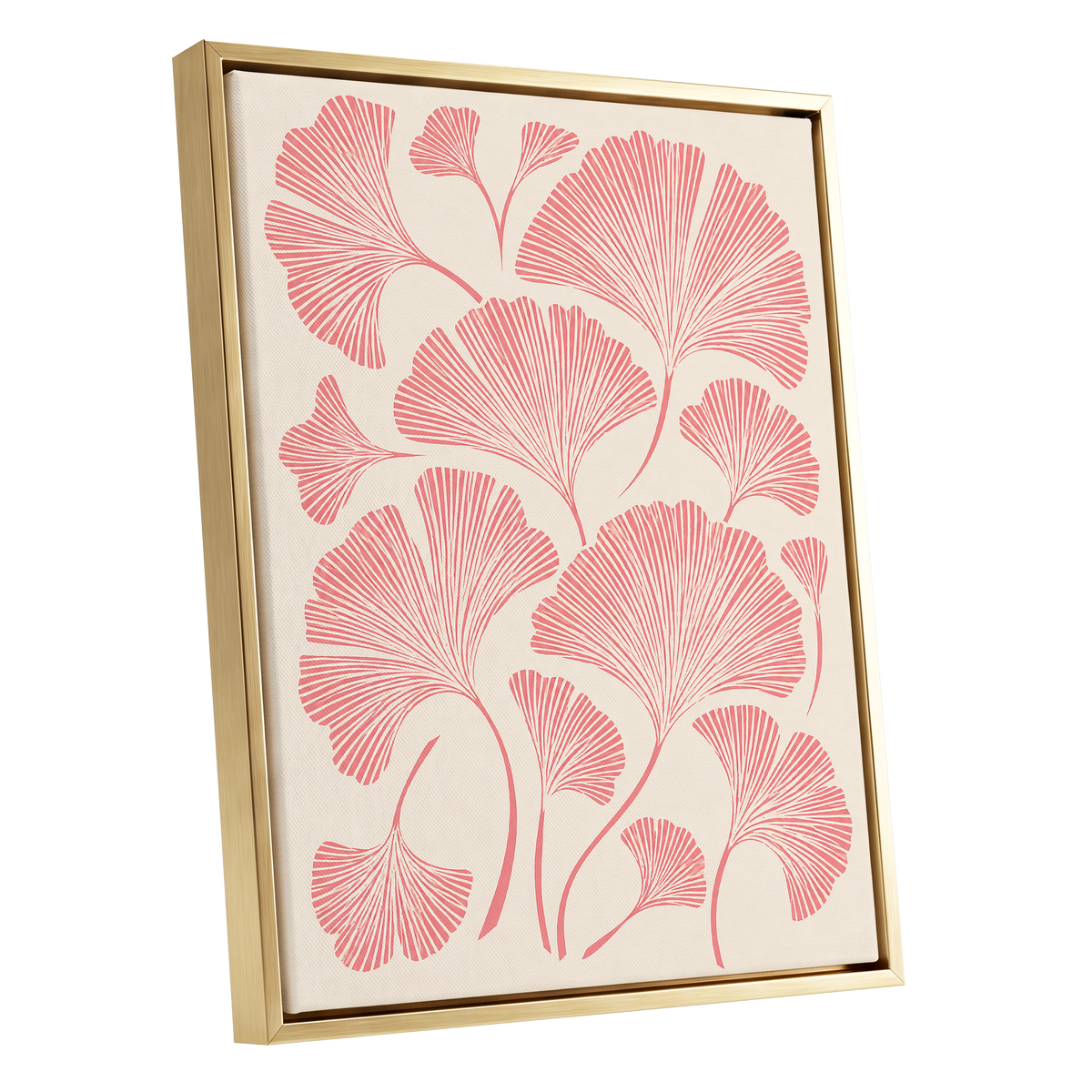 Ginkgo Blush, pink, beige, red nature wall art shown as a gold framed canvas wall art