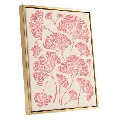 Ginkgo Blush, pink, beige, red nature wall art shown as a gold framed canvas wall art