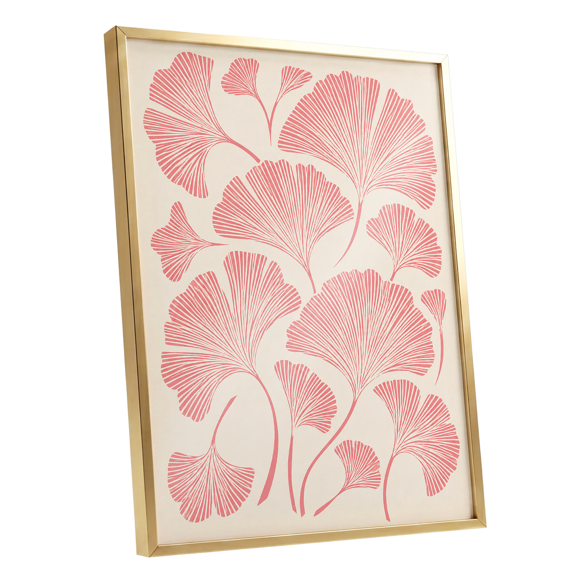 Ginkgo Blush, pink, beige, red nature wall art shown as a gold framed poster wall art print