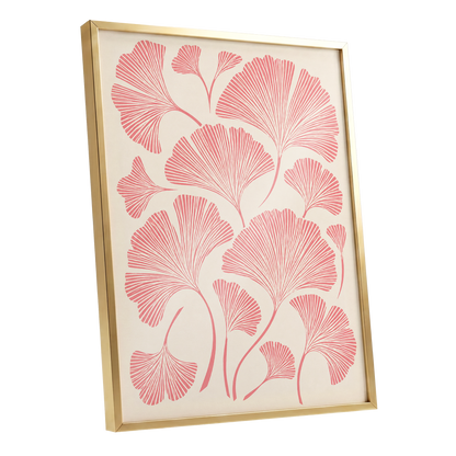 Ginkgo Blush, pink, beige, red nature wall art shown as a gold framed poster wall art print