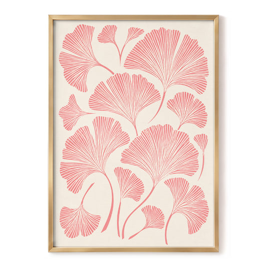 Ginkgo Blush, pink, beige, red nature wall art, front artwork view