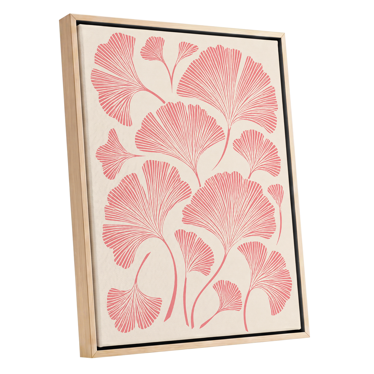 Ginkgo Blush, pink, beige, red nature wall art shown as a oak framed canvas wall art