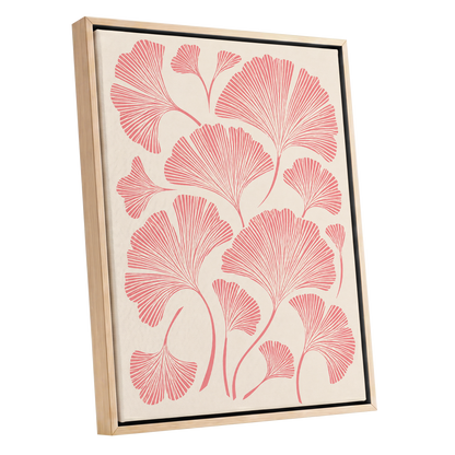 Ginkgo Blush, pink, beige, red nature wall art shown as a oak framed canvas wall art