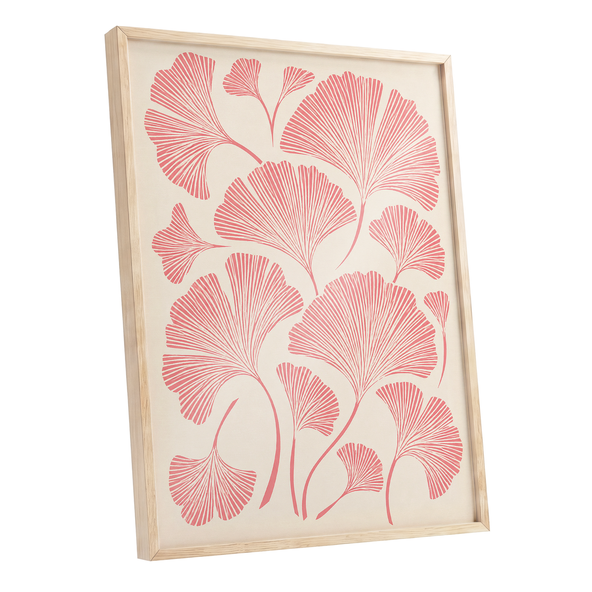 Ginkgo Blush, pink, beige, red nature wall art shown as a oak framed poster wall art print