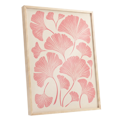 Ginkgo Blush, pink, beige, red nature wall art shown as a oak framed poster wall art print