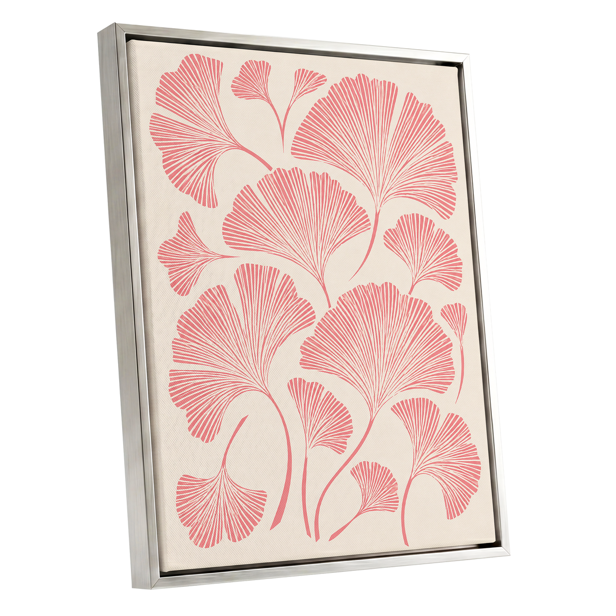Ginkgo Blush, pink, beige, red nature wall art shown as a silver framed canvas wall art