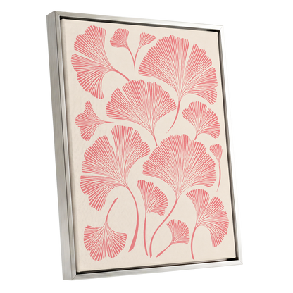 Ginkgo Blush, pink, beige, red nature wall art shown as a silver framed canvas wall art