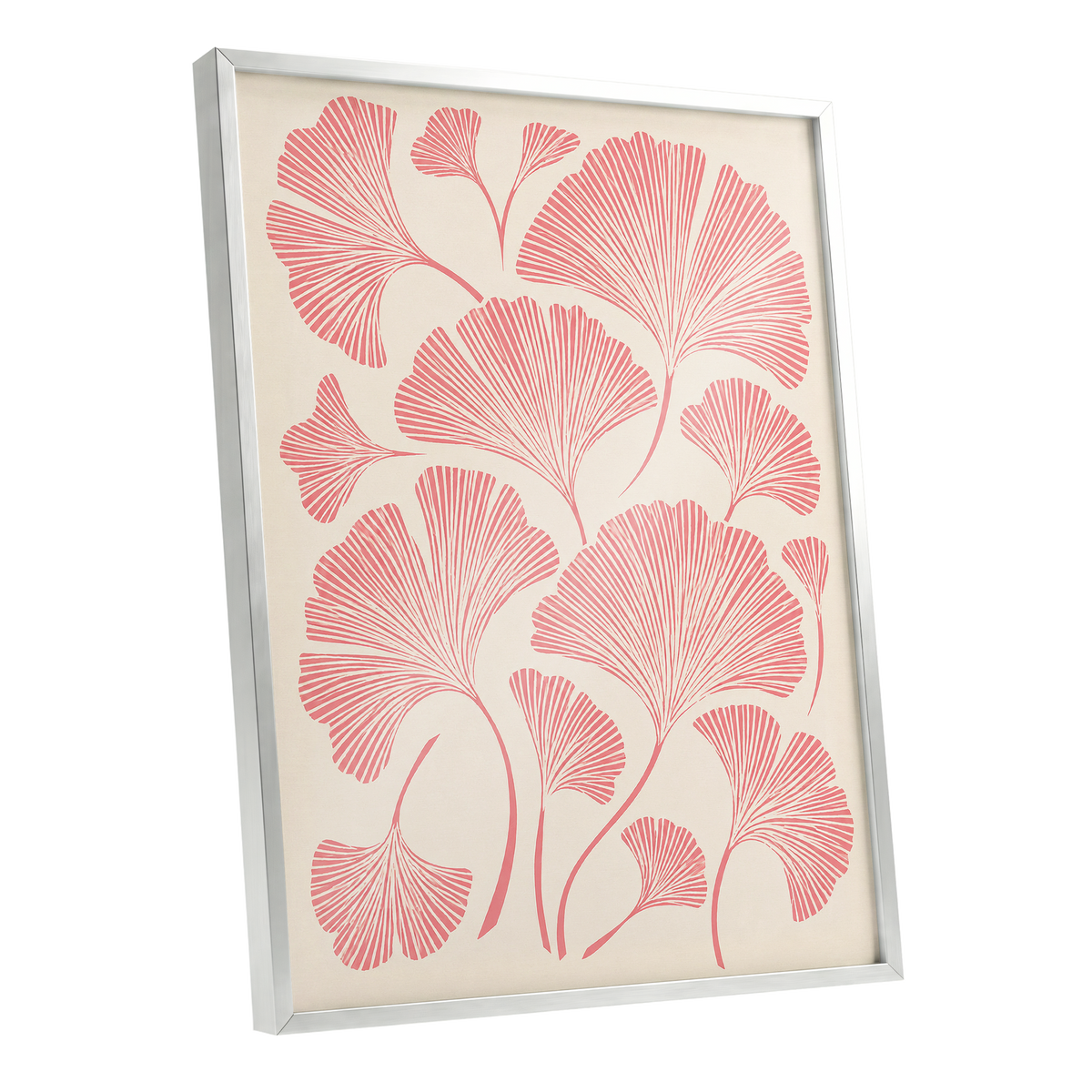 Ginkgo Blush, pink, beige, red nature wall art shown as a silver framed poster wall art print
