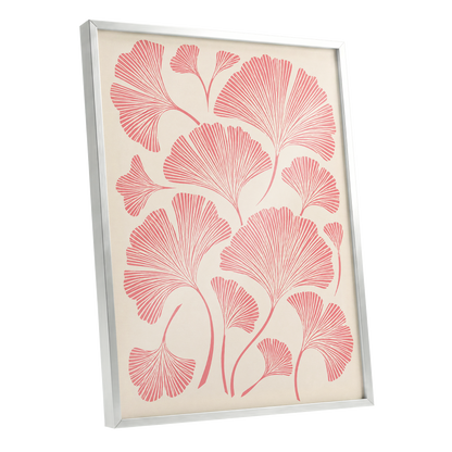 Ginkgo Blush, pink, beige, red nature wall art shown as a silver framed poster wall art print