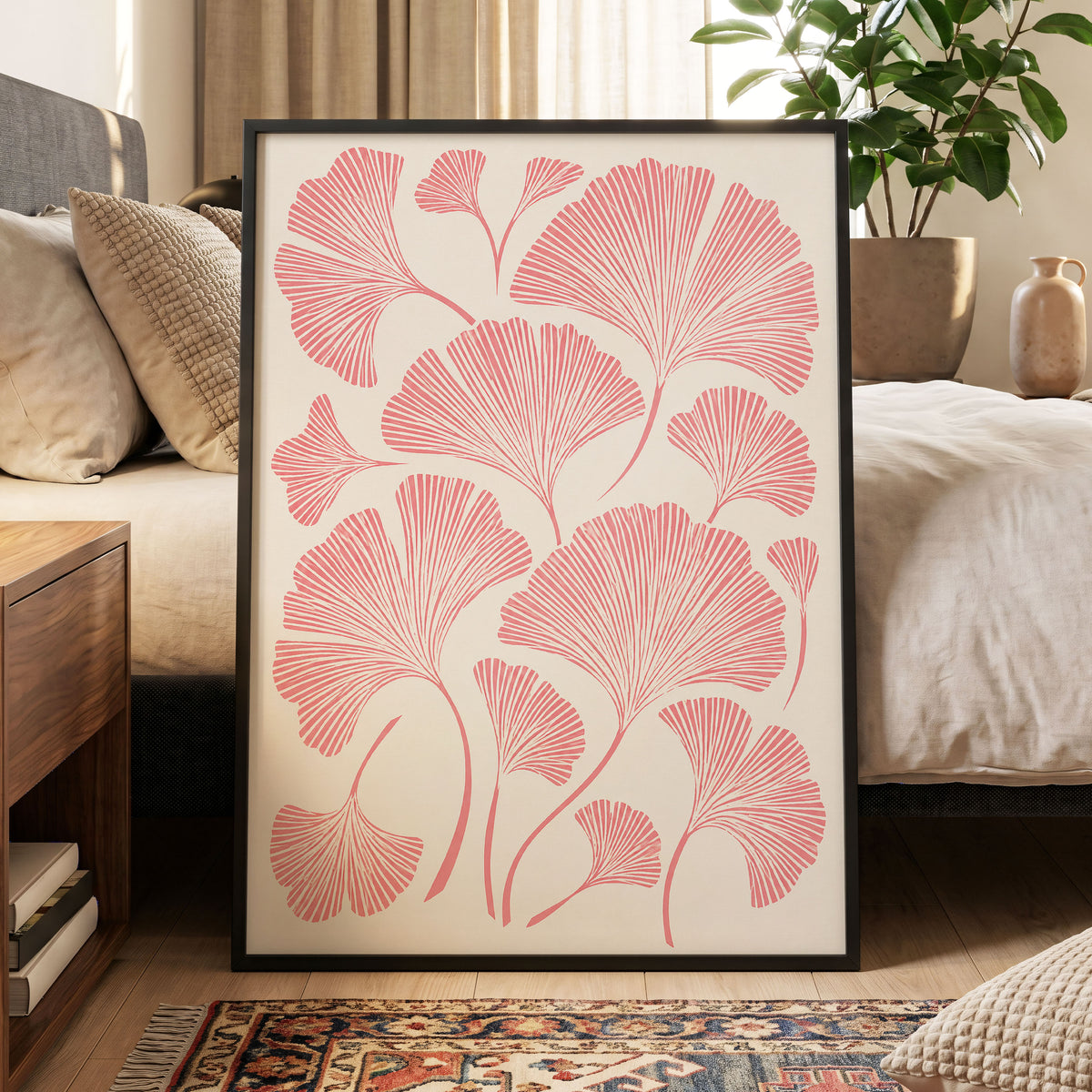 Ginkgo Blush, pink, beige, red nature wall art displayed in a styled interior, gallery view 2