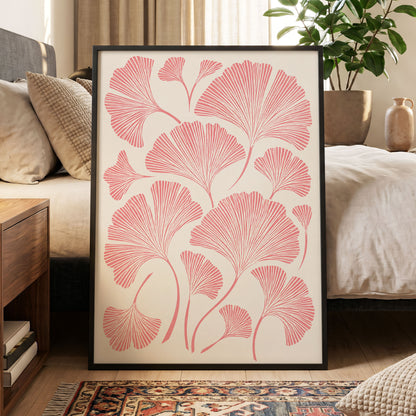 Ginkgo Blush, pink, beige, red nature wall art displayed in a styled interior, gallery view 2
