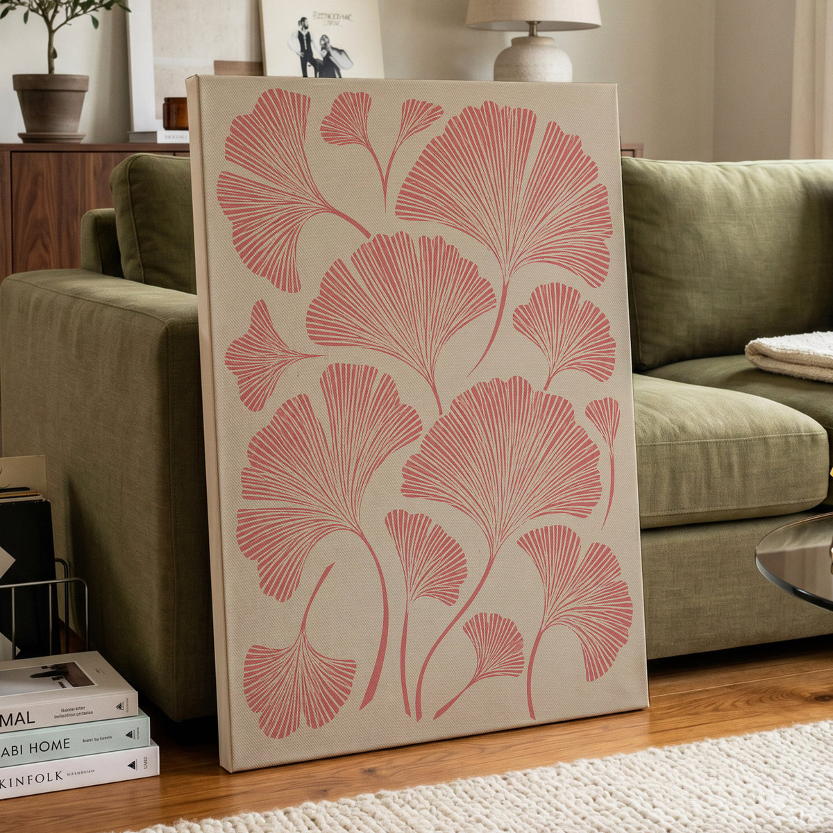 Ginkgo Blush, pink, beige, red nature wall art displayed in a styled interior, gallery view 3