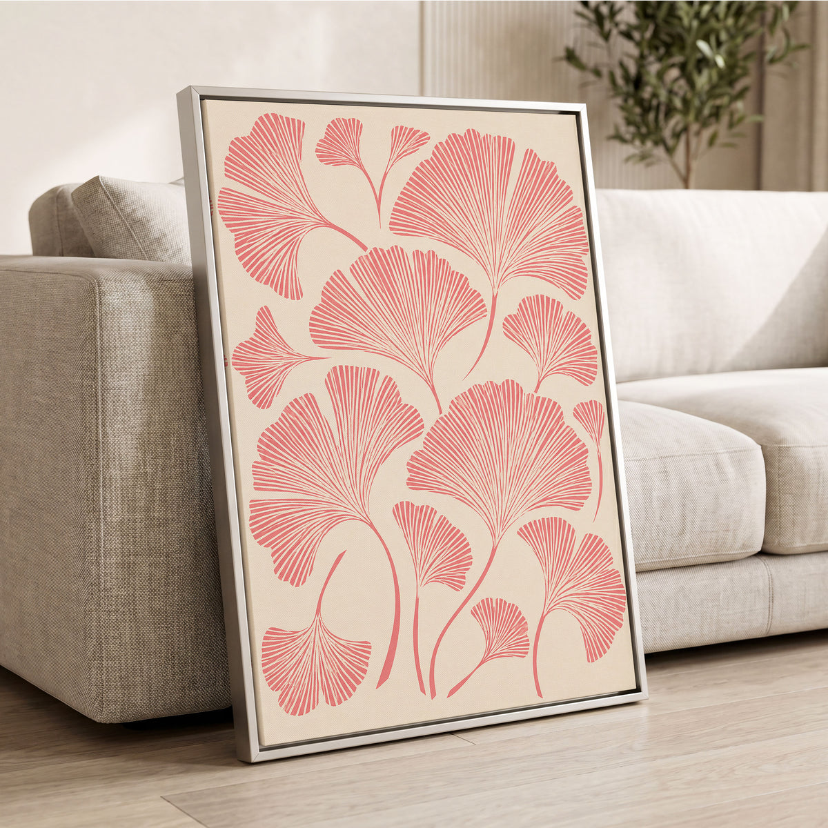 Ginkgo Blush, pink, beige, red nature wall art displayed in a styled interior, gallery view 4