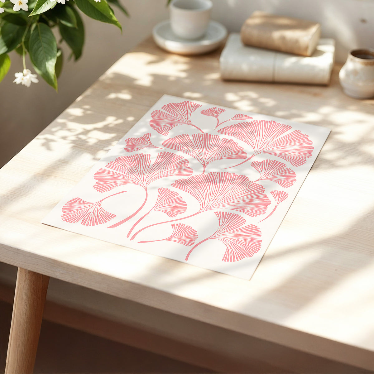 Ginkgo Blush, pink, beige, red nature wall art displayed in a styled interior, gallery view 5