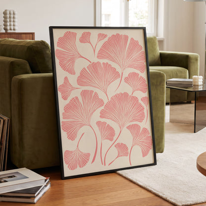 Ginkgo Blush, pink, beige, red nature wall art displayed in a styled interior, gallery view 6