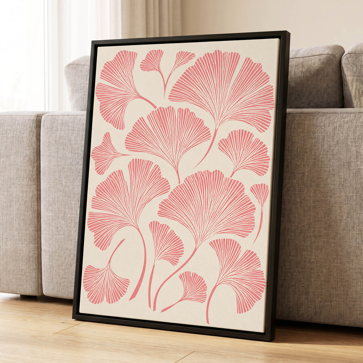 Ginkgo Blush, pink, beige, red nature wall art displayed in a styled interior, gallery view 8