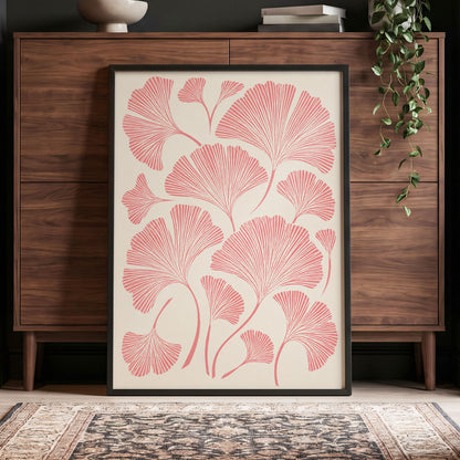 Ginkgo Blush, pink, beige, red nature wall art displayed in a styled interior, gallery view 9