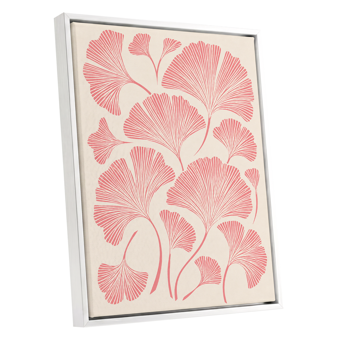 Ginkgo Blush, pink, beige, red nature wall art shown as a white framed canvas wall art