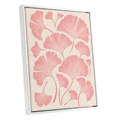 Ginkgo Blush, pink, beige, red nature wall art shown as a white framed canvas wall art
