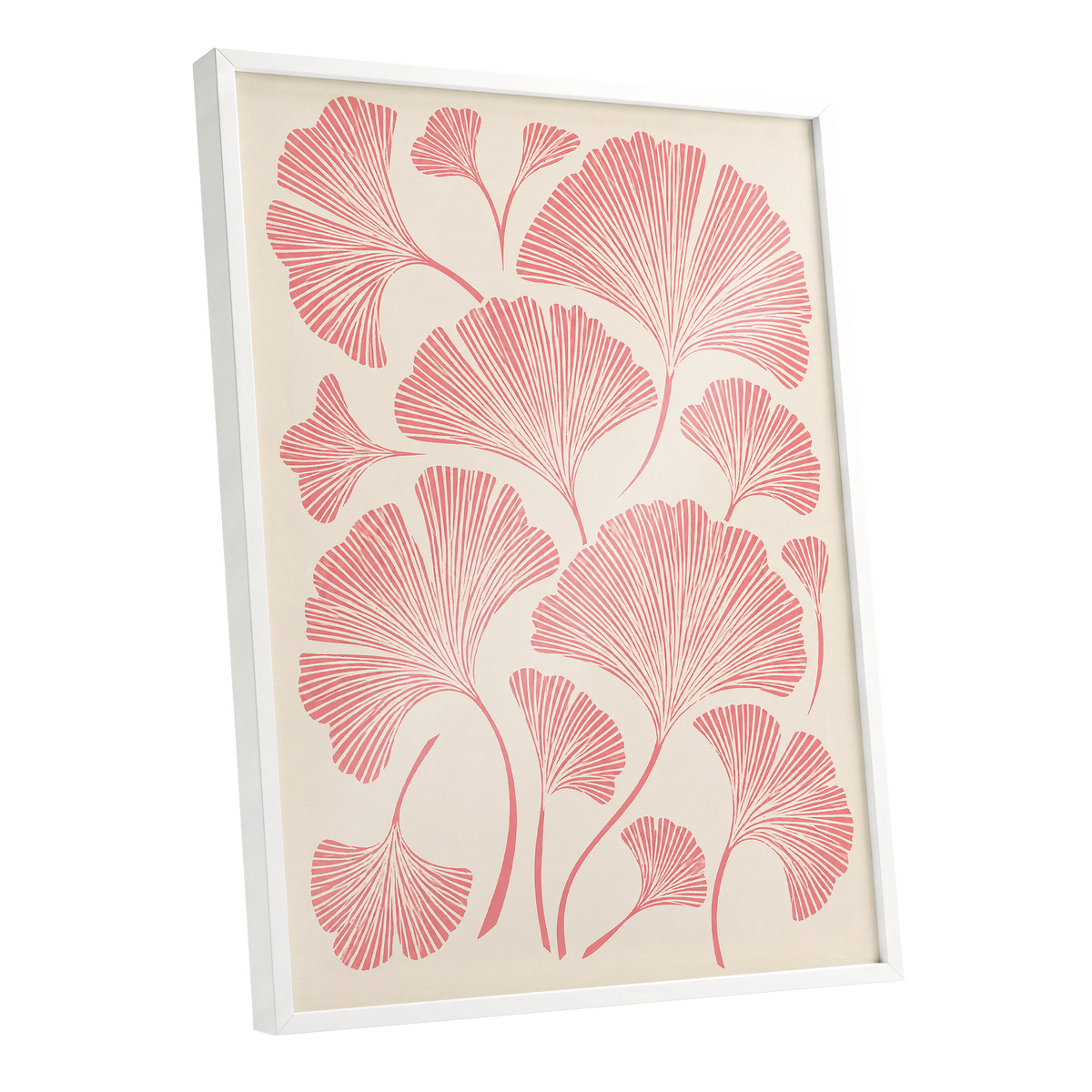 Ginkgo Blush, pink, beige, red nature wall art shown as a white framed poster wall art print