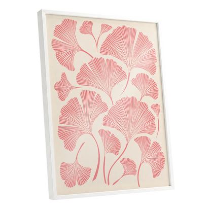Ginkgo Blush, pink, beige, red nature wall art shown as a white framed poster wall art print