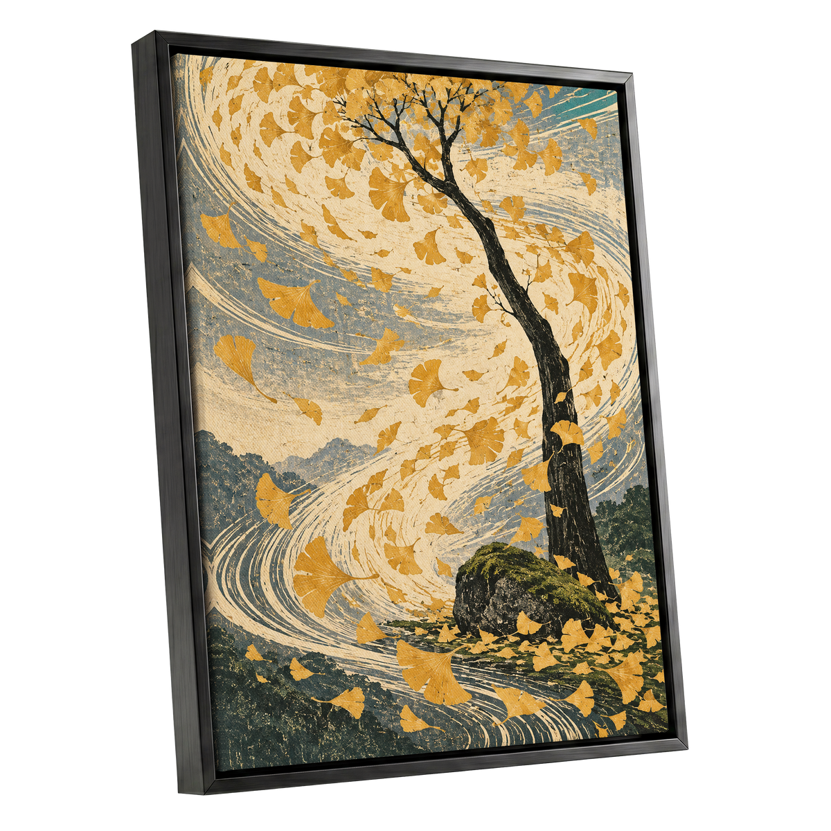 Ginkgo in the Gale, gold, beige, blue nature wall art shown as a black framed canvas wall art