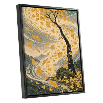 Ginkgo in the Gale, gold, beige, blue nature wall art shown as a black framed canvas wall art