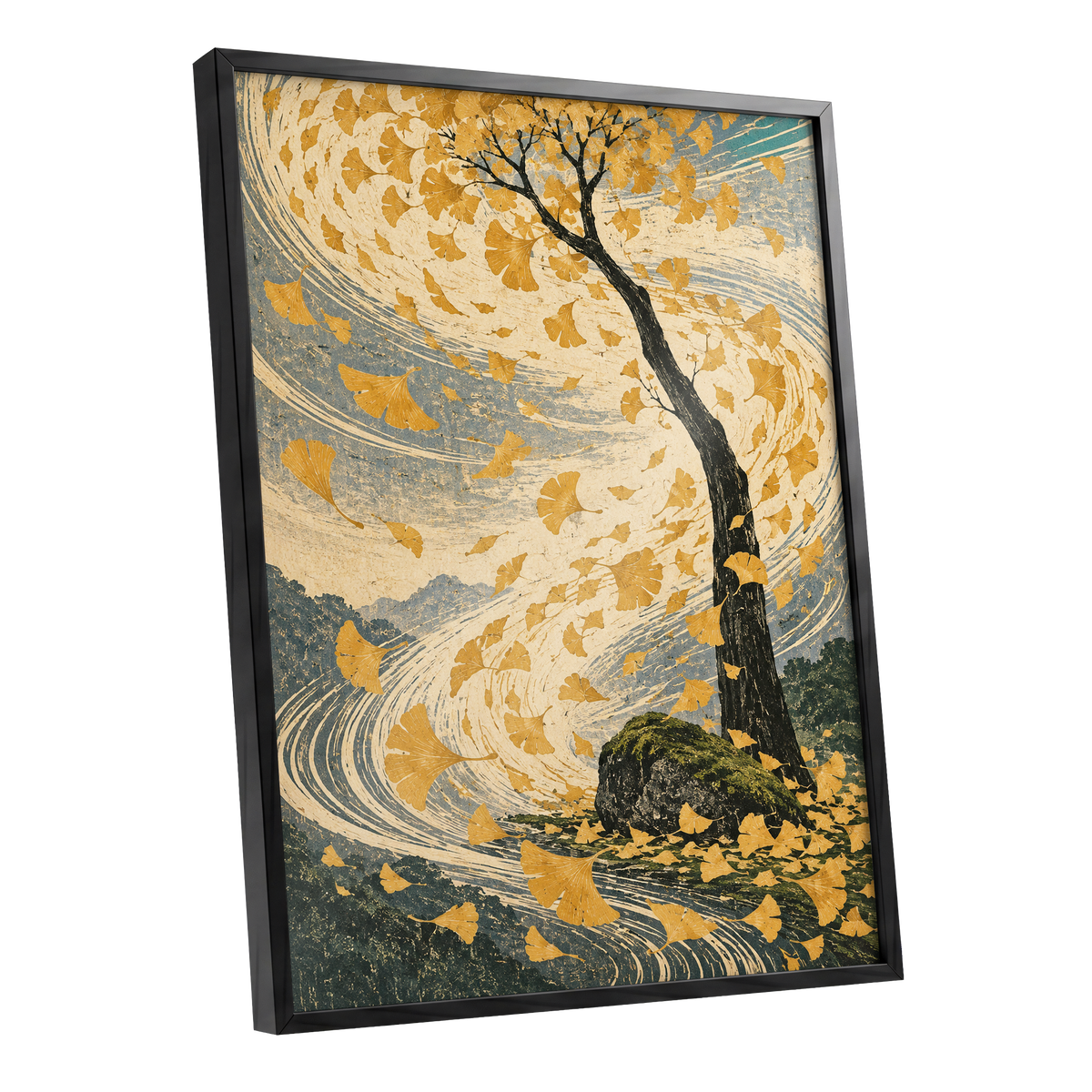 Ginkgo in the Gale, gold, beige, blue nature wall art shown as a black framed poster wall art print