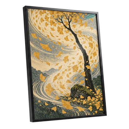 Ginkgo in the Gale, gold, beige, blue nature wall art shown as a black framed poster wall art print