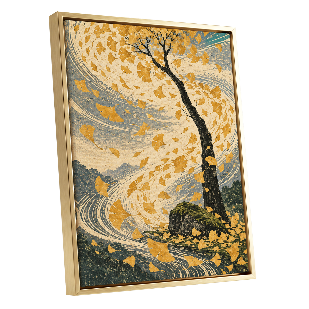 Ginkgo in the Gale, gold, beige, blue nature wall art shown as a gold framed canvas wall art