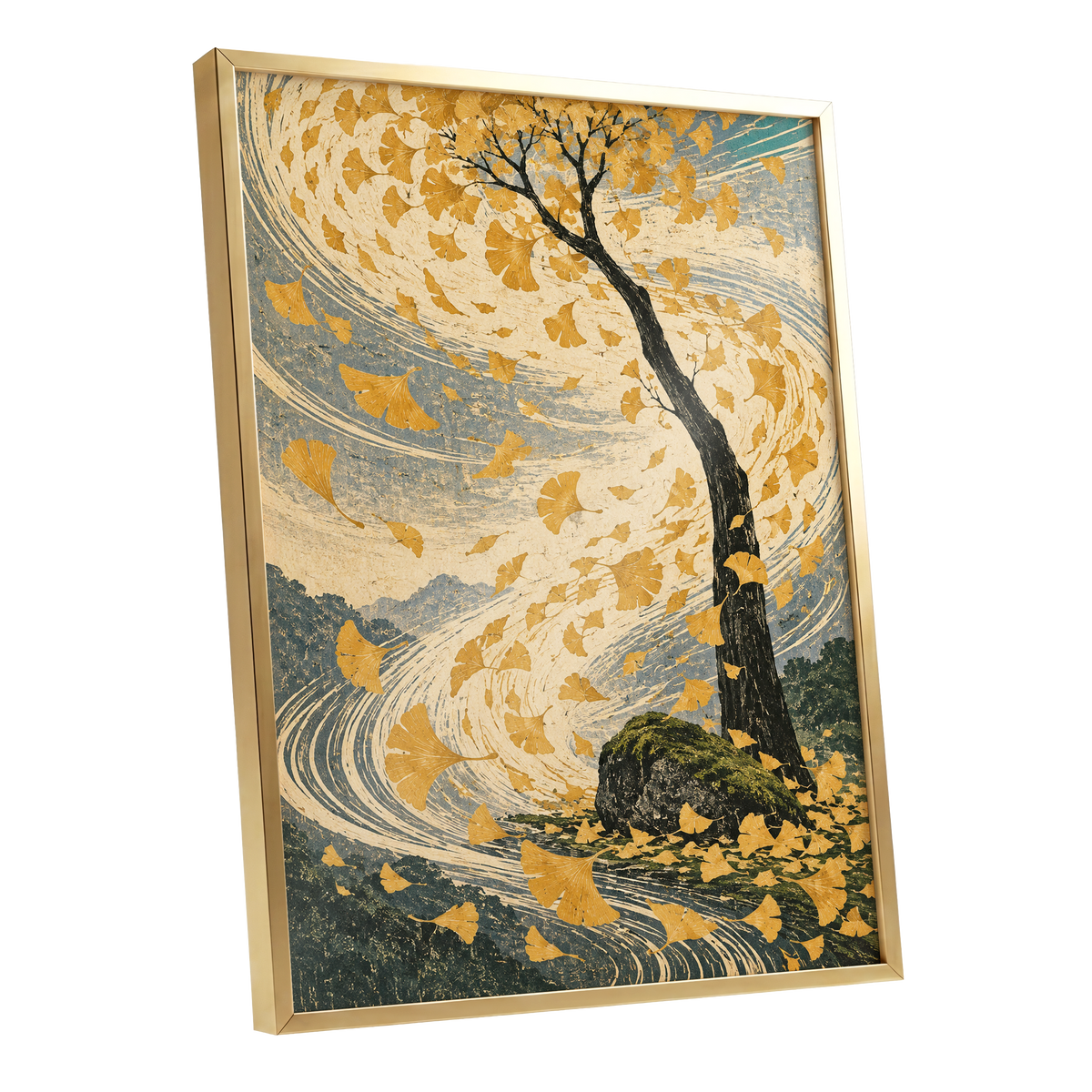 Ginkgo in the Gale, gold, beige, blue nature wall art shown as a gold framed poster wall art print