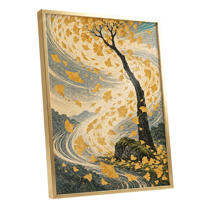 Ginkgo in the Gale, gold, beige, blue nature wall art shown as a gold framed poster wall art print