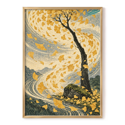 Ginkgo in the Gale, gold, beige, blue nature wall art, front artwork view