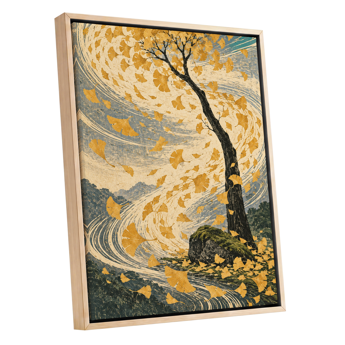 Ginkgo in the Gale, gold, beige, blue nature wall art shown as a oak framed canvas wall art
