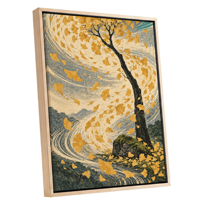Ginkgo in the Gale, gold, beige, blue nature wall art shown as a oak framed canvas wall art