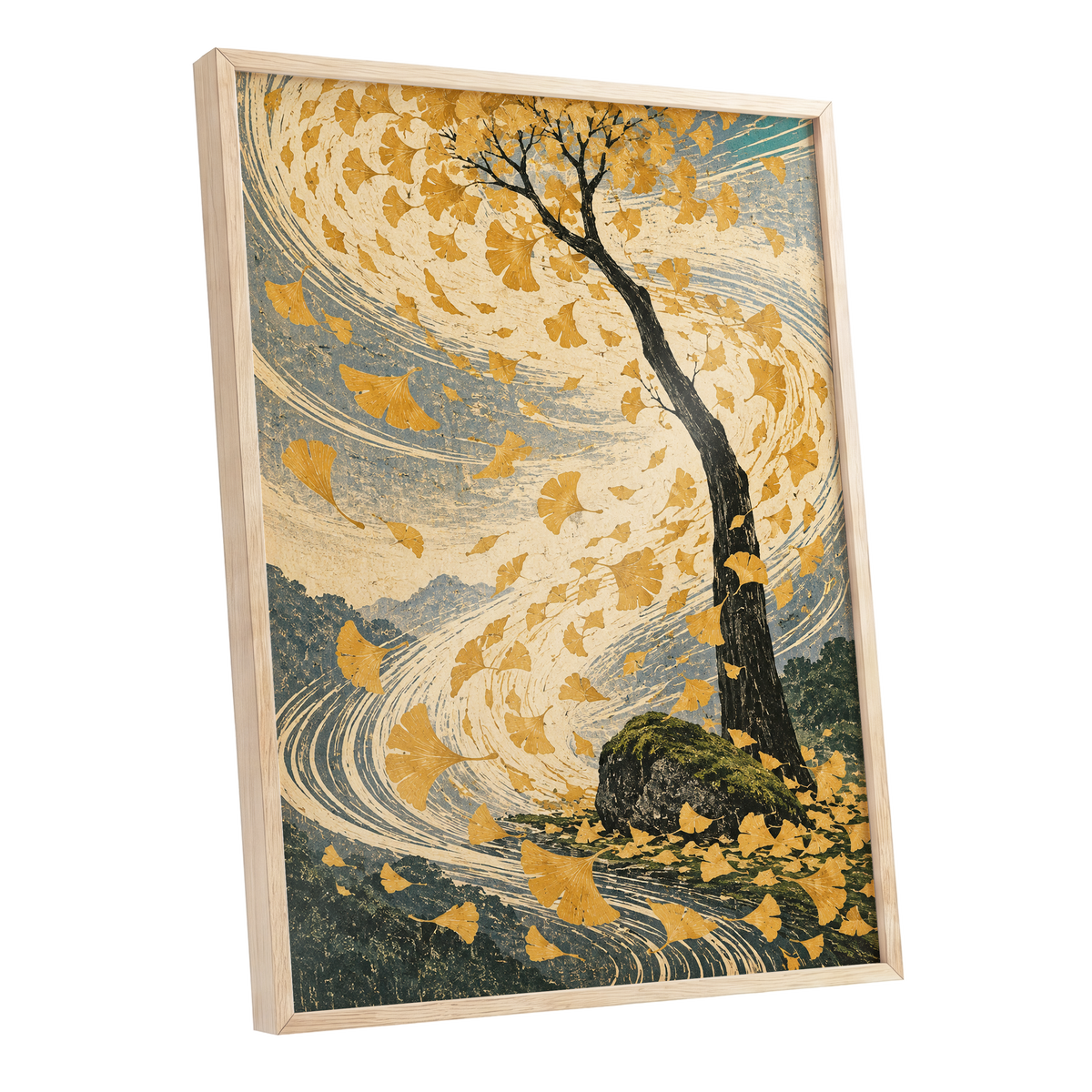 Ginkgo in the Gale, gold, beige, blue nature wall art shown as a oak framed poster wall art print