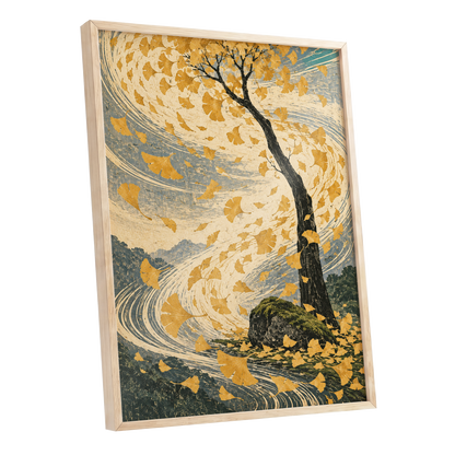 Ginkgo in the Gale, gold, beige, blue nature wall art shown as a oak framed poster wall art print