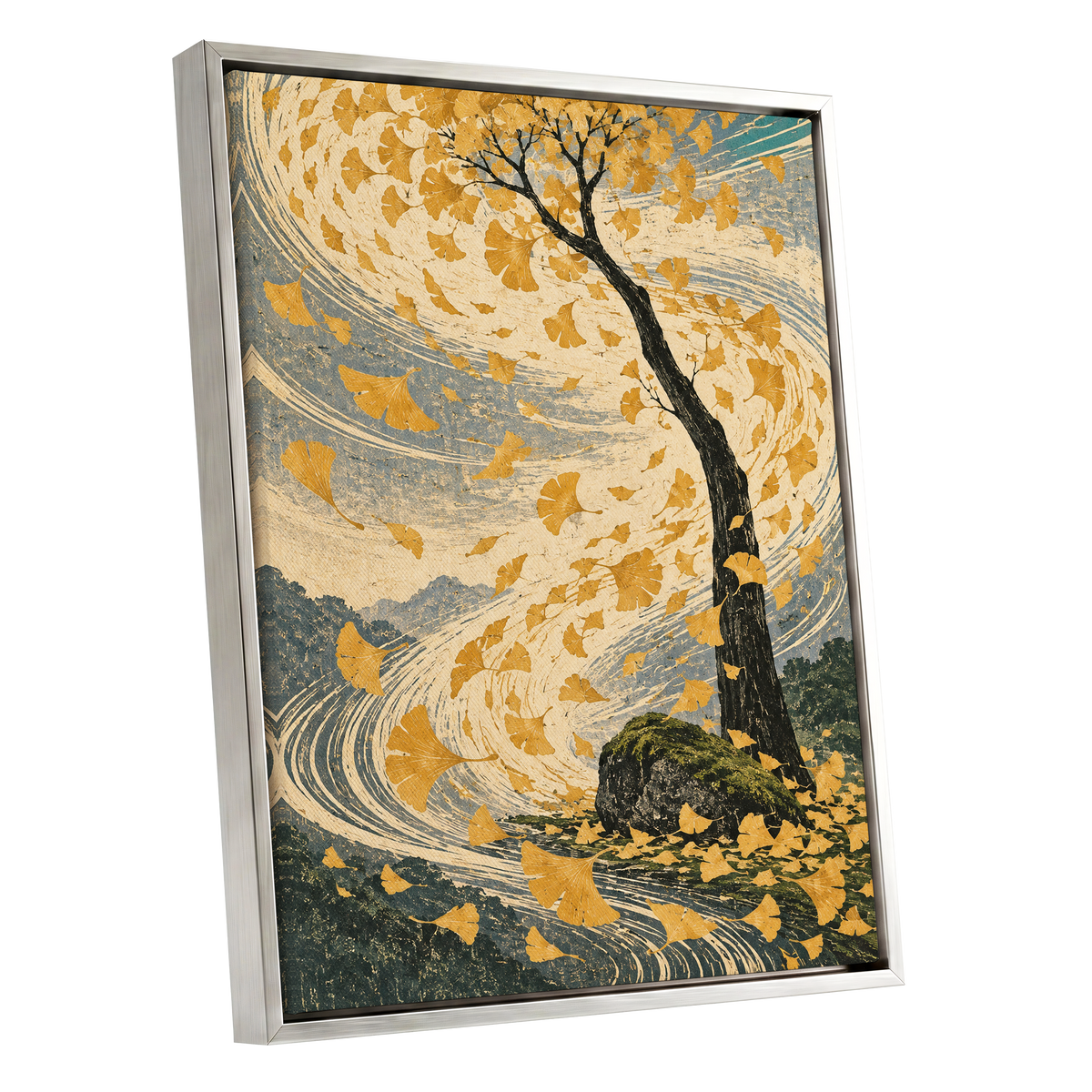 Ginkgo in the Gale, gold, beige, blue nature wall art shown as a silver framed canvas wall art