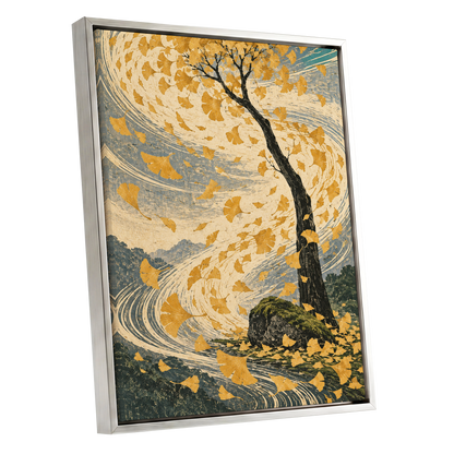Ginkgo in the Gale, gold, beige, blue nature wall art shown as a silver framed canvas wall art
