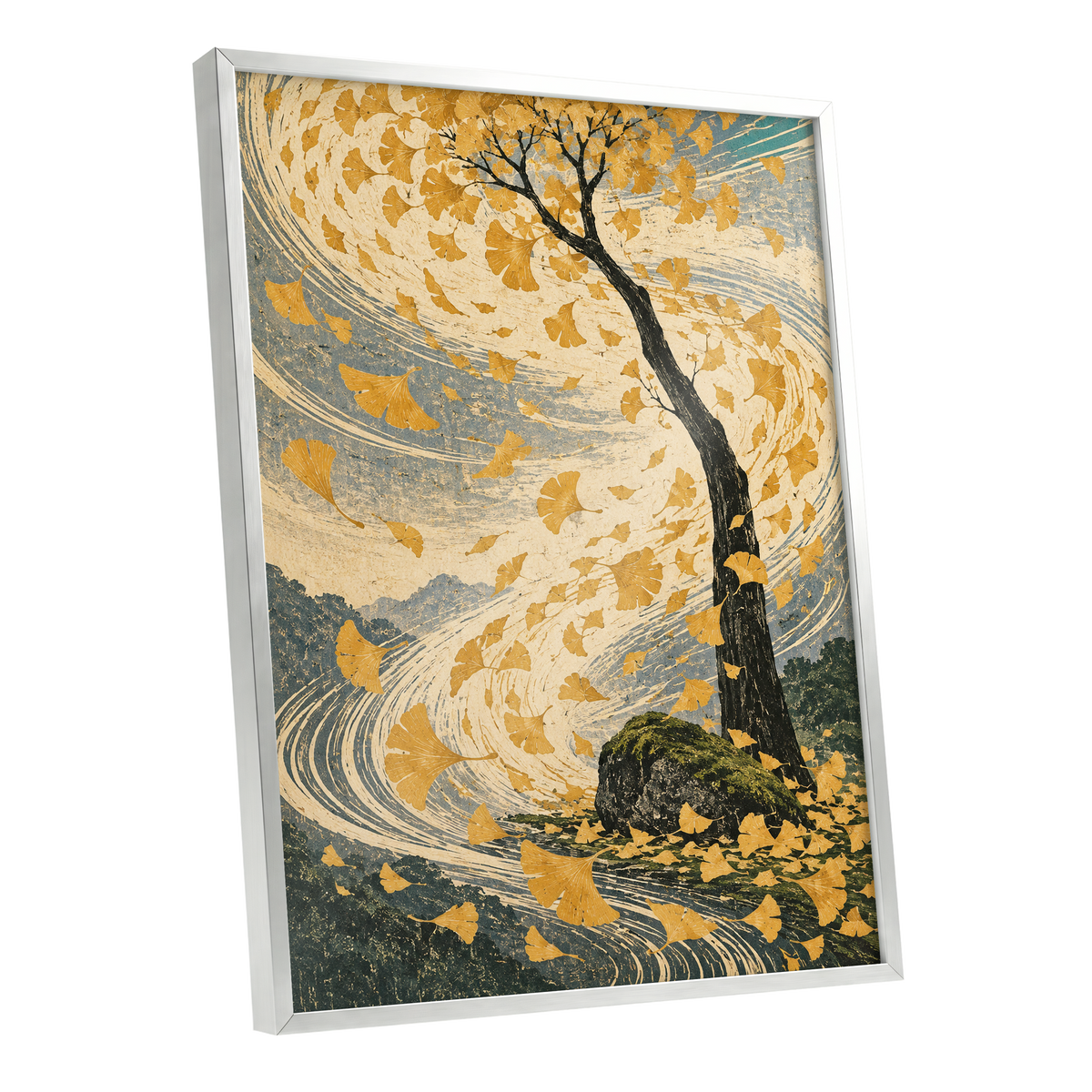 Ginkgo in the Gale, gold, beige, blue nature wall art shown as a silver framed poster wall art print