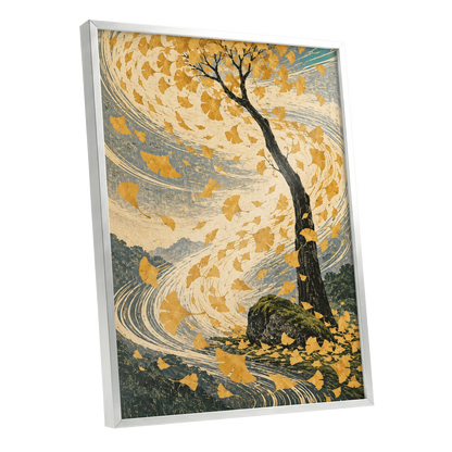 Ginkgo in the Gale, gold, beige, blue nature wall art shown as a silver framed poster wall art print